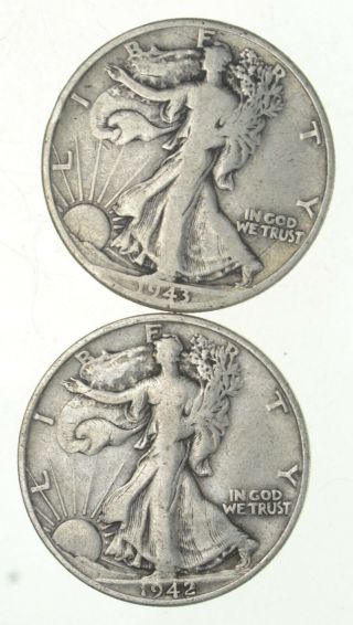 (2) 1942 - S & 1943 - D Walking Liberty Half Dollars 90 Silver $1.  00 Face 778
