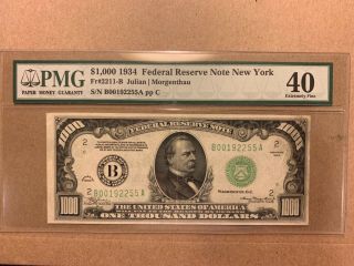 1934 $1000 York Federal Reserve Note Fr 2211 - B Julian/morgenthau Pmg 40 Ef