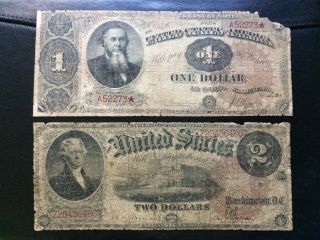 1890 $1 Treasury Coin Note And 1880 $2 United States Note