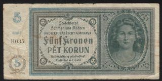1940 5 Kronen Czechoslovakia Wwii Old Money Banknote German Occupation P 4a F