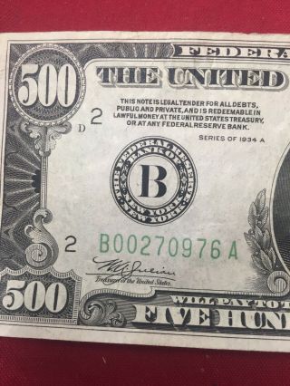 1934 $500 Five Hundred DOLLAR BILL NOTE Federal Reserve York 2