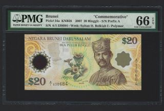 2007 Brunei $20 Ringgit,  Pmg 66 Epq,  Gem Unc,  A/1 Prefix P034a Commemorative