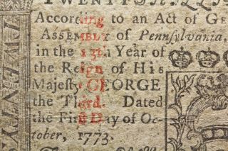 Pennsylvania,  October 1,  1773,  20 Shillings,  Walter Breen certificate 7