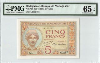 Madagascar Nd (1937) P - 35 Pmg Gem Unc 65 Epq 5 Francs