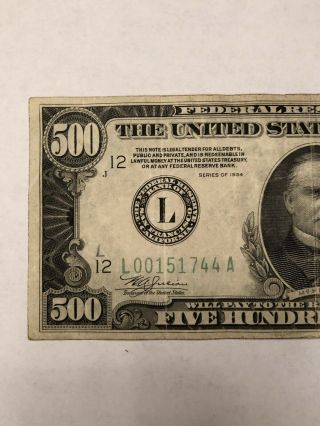 $500 Bill 1934 San Francisco California Money Federal Reserve Note Five Hundred 10