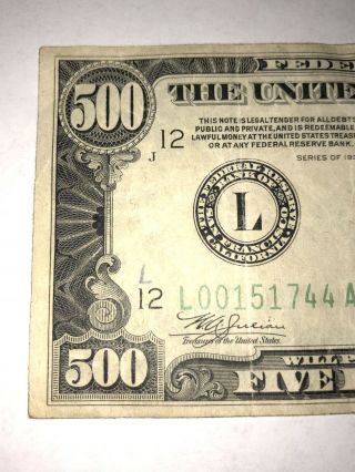 $500 Bill 1934 San Francisco California Money Federal Reserve Note Five Hundred 4