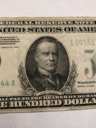 $500 Bill 1934 San Francisco California Money Federal Reserve Note Five Hundred 9