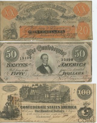 Set Of 3: Confederate 1861 $20 Note 1862 $100 Note & 1864 $50 Civil War Note