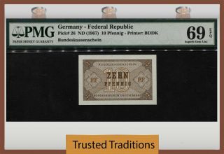 Tt Pk 26 1967 Germany Fed Rep 10 Pfennig Pmg 69q None Finer & 1 Pt From Perfect