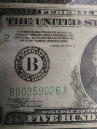 1934 500 Dollar Bill Federal Reserve Note York 3