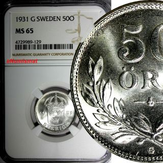 Sweden Gustaf V Silver 1931 - G 50 Ore Ngc Ms65 Top Graded By Ngc Gem Bu Km 788