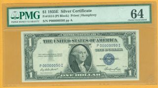 Low 2 Digit Serial Number " 00000050 " 1935 E $1 Dollar Silver Certificate Pmg 65