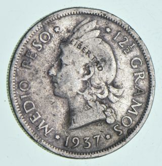 World Coin - 1937 Dominican Republic 1/2 Peso - World Silver Coin 12.  6g 991