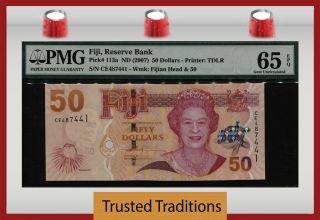 Tt Pk 113a Nd (2007) Fiji Reserve Bank $50 " Queen Elizabeth Ii " Pmg 65 Epq Gem