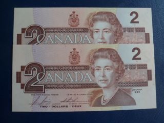 1986 Canada 2 Dollar Bank Note - Bonin Thiessen - 2 Consecutive - Unc Cond 19 - 323
