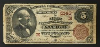 Series 1882 $5.  00 National Currency,  First National Bank Of Antigo,  Wisconsin