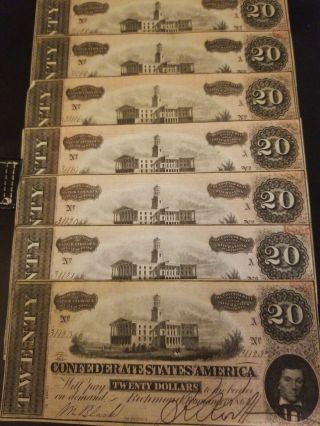 1864 45 Uncirculated Confederate Currency Consecutive Serial Numbers 20 Dollar
