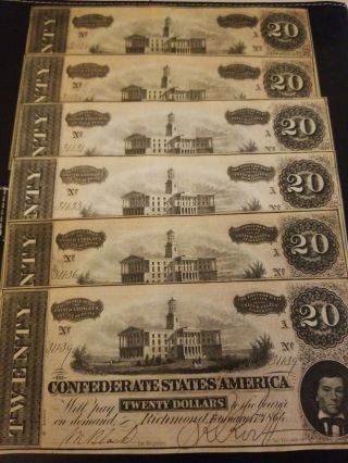 1864 45 uncirculated confederate currency consecutive serial numbers 20 dollar 2