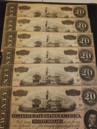 1864 45 uncirculated confederate currency consecutive serial numbers 20 dollar 3