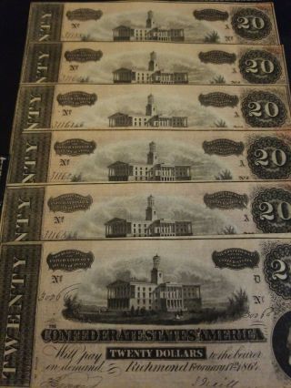 1864 45 uncirculated confederate currency consecutive serial numbers 20 dollar 5