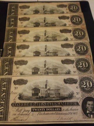 1864 45 uncirculated confederate currency consecutive serial numbers 20 dollar 6
