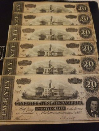 1864 45 uncirculated confederate currency consecutive serial numbers 20 dollar 7