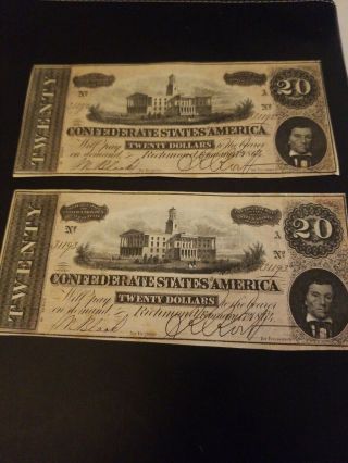 1864 45 uncirculated confederate currency consecutive serial numbers 20 dollar 8