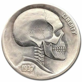 Hobo Nickel Coin 1937 Buffalo Skull Hand Engraved Gediminas Palsis