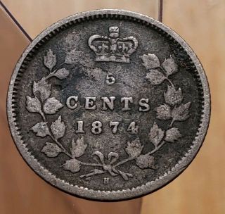 1874 - H Crosslet 4 (Large Date) Canada Queen Victoria 5 Cents Silver Coin 2
