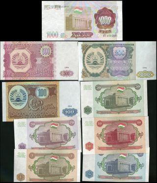 Tajikistan Set 9 Unc 1 5 10 20 50 100 200 500 1000 R 1994 P 1 2 3 4 5 6 7 8 9 Nr