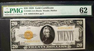 1928 $20.  00 Gold Certificate - Fr 2402 Aa Block - Pmg Uncirculated 62 - Pp E
