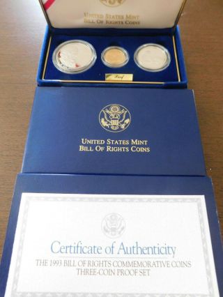 1993 Bill Of Rights 3 Coin Proof Set Gold And Silver
