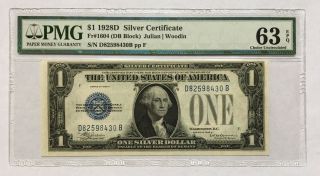 1928d $1 Silver Certificate,  Pmg Choice Uncirculated 63 Epq Banknote,  D/b Block