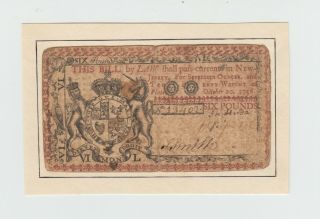 1758 Colonial Currency Jersey 6 Six Pounds Note / Mounted / Repair See Desc