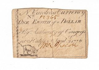 1776 North Carolina Colonial Currency $1/8 Note One Eighth Dollar Steer Vignette