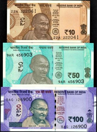 India 2017 - 18,  10 / 50/ 100 Rupees /gandhi,  Banknote Set Of 3 Unc