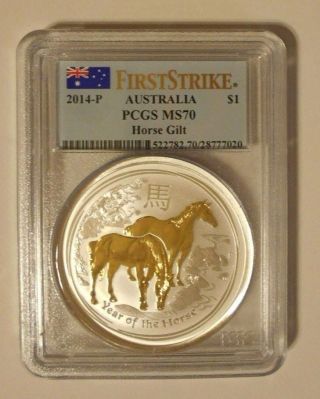 Australia 2014 P Year Of The Horse First Strike Gold Gilt Silver Pcgs Ms70 1 Oz