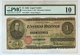 Civil War Era 1862 Legal Tender Red Seal $1 One Dollar Pmg 10 Fr - 17a