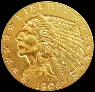 1908 Gold United States $2.  5 Dollar Indian Head Quarter Eagle Coin