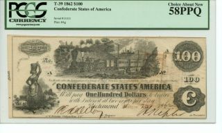 1862 T - 39 $100 Confederate Currency Pmg 58 Epq
