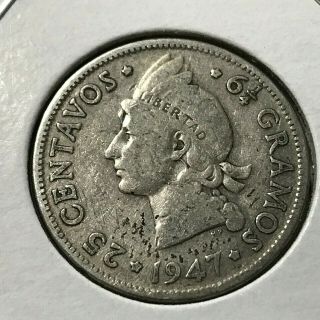 1947 Dominican Republic Silver 25 Centavos Coin