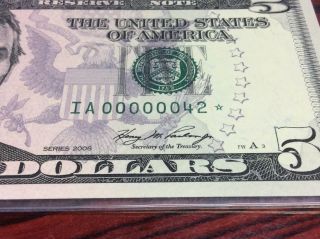 Federal Reserve 2006 Star $5 Note Low Serial Number :00000042: Crazy Low
