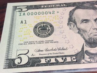 Federal Reserve 2006 Star $5 note low serial number :00000042: CRAZY LOW 3