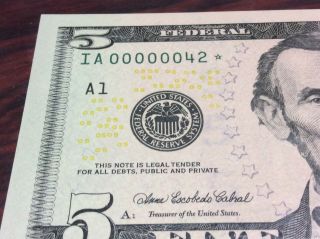 Federal Reserve 2006 Star $5 note low serial number :00000042: CRAZY LOW 8