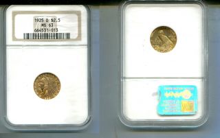 1925 D $2 1/2 Indian Head Gold Coin Ngc Ms63 3820mm
