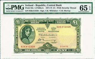 Central Bank Ireland - Republic 1 Pound 1975 Pmg 65