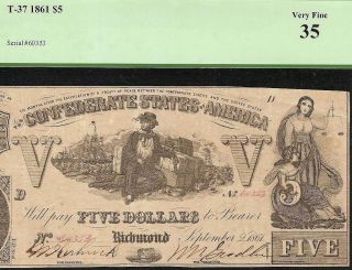 1861 $5 Dollar Bill Confederate States Currency Civil War Note Better T - 37 Pcgs