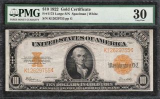 Gold Certificate 1922 $10 Hillegas Fr.  1173 - Pmg Very Fine Vf 30 - C2c
