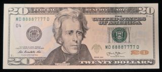 2013 $20 Federal Reserve Note Fancy Serial Number Double Quad Binary 88887777