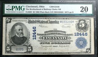 1902 $5 Brotherhood Of Railway Clerks National Bank Cincinnati,  Oh Pmg 20 Vf